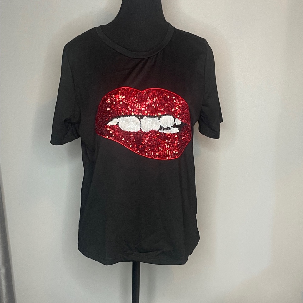 SHEIN Black Tee with Red Sequin Lip Graphic